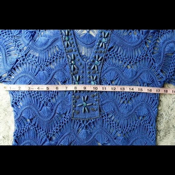Chicos  Blue Open Knit 3/4 Sleeve Embellished V-Neck Pullover Sweater Sz… - Picture 8 of 10